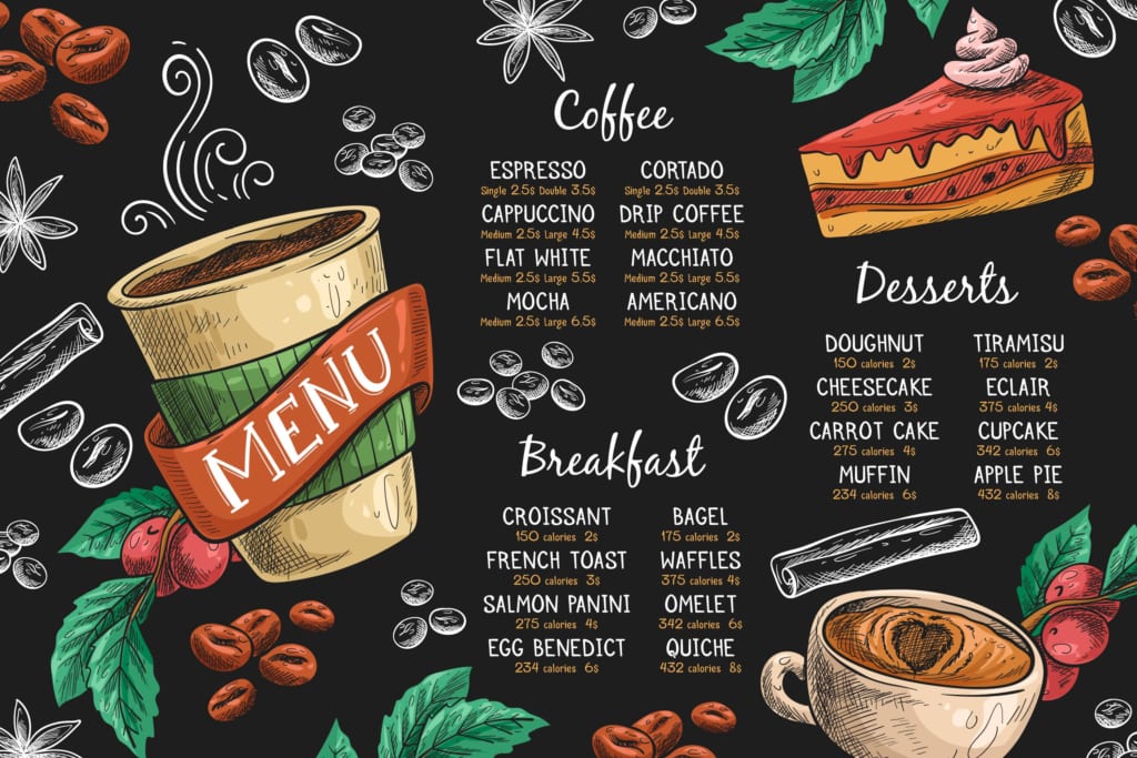 mẫu menu cho quán cà phê